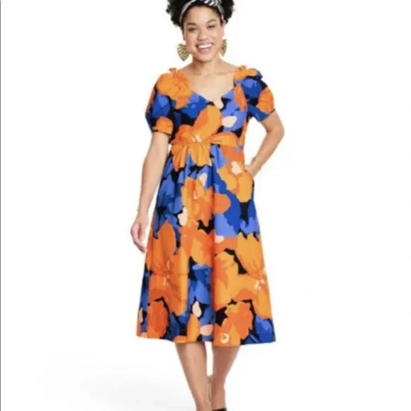 orange floral dress target Women's Floral Print Puff Sleeve Tie-Back Midi Dress